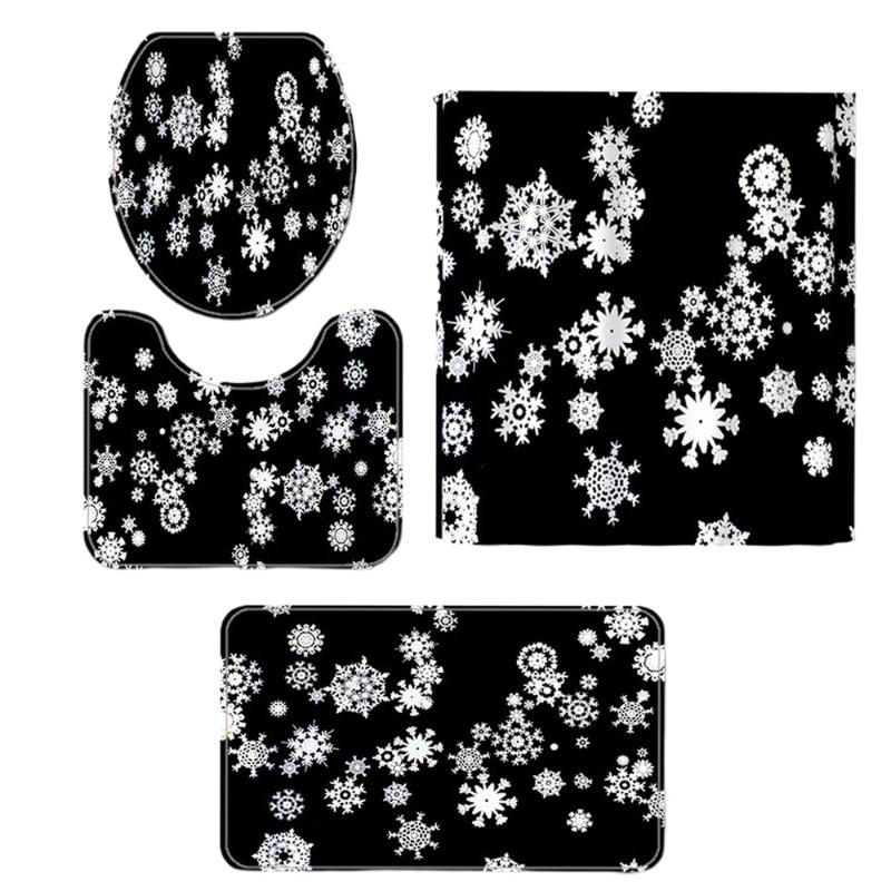 

Xmas Printing Non-slip Bathroom Accessories Shower Curtain Floor Mat Set (Black