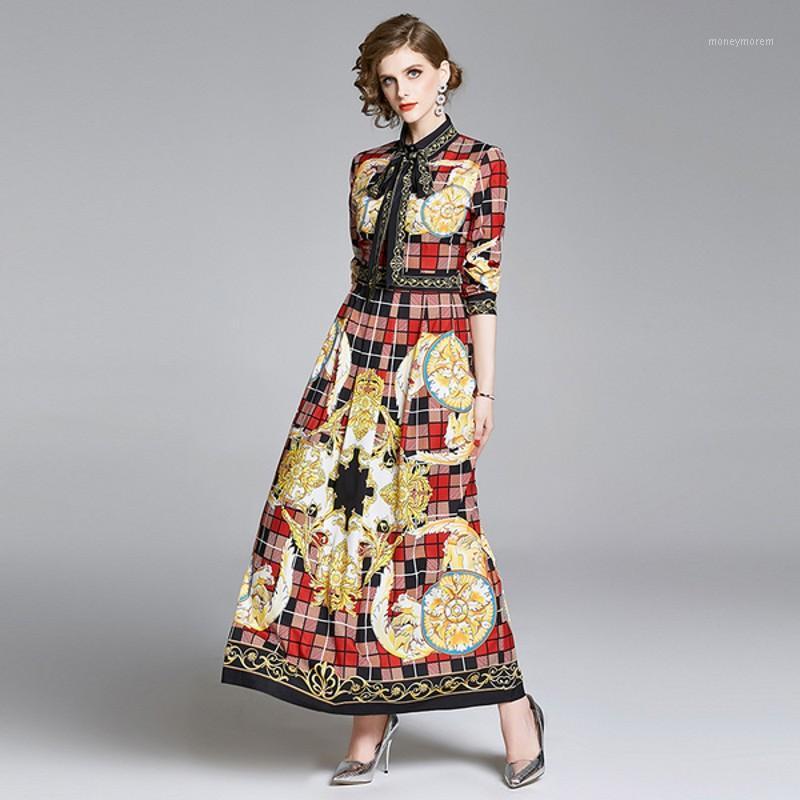 

Spring Summer Women's Runway Dresses Bowknot Collar Wrist Sleeve Grid Floral Printed Maxi Long Dress High Street Draped Dress1, Picture color