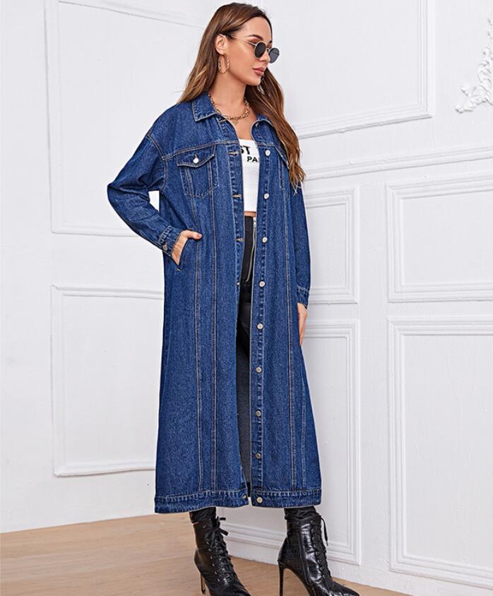 

Female Blue Mode 2021 Casual Pocket Long Vintage Denim Jacket P2288 Sweaters Slg6