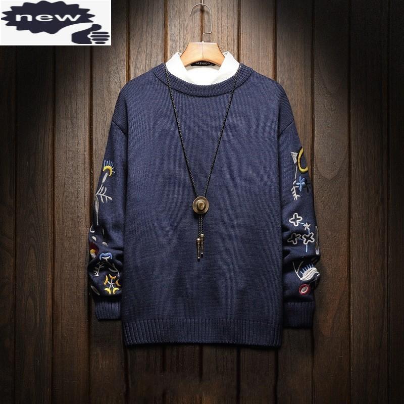 

2021 Plus Size 6XL Casual Designer Mens Knitted Pullovers Men Sweaters Winter Clothes Floral Embroidery Long Sleeve Knitwear, Grey