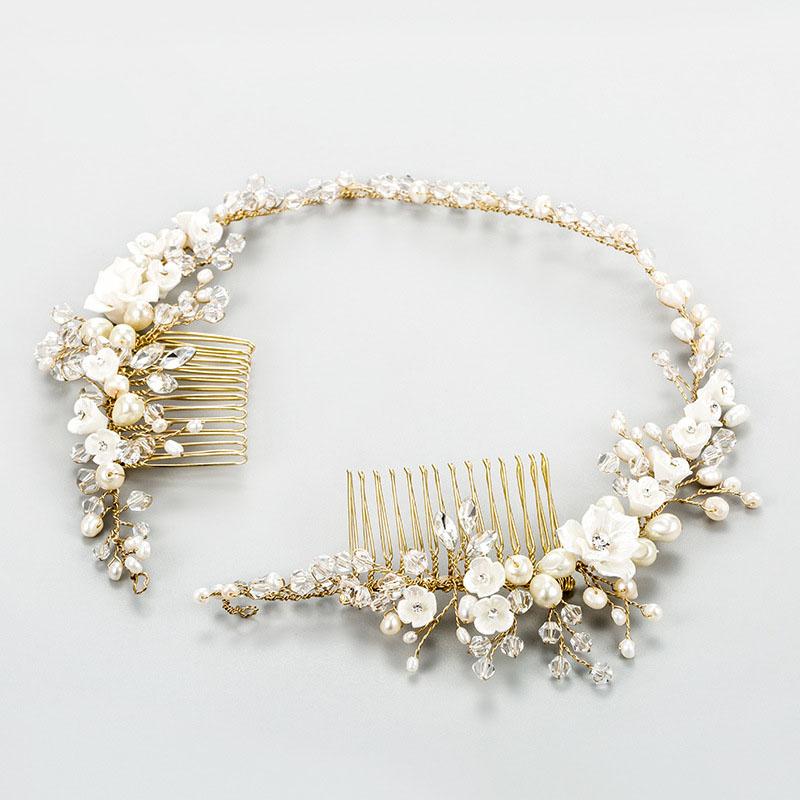

SLBRIDAL Handmade Crystals Rhinestones Freshwater Pearls Flower Wedding Hair Comb Headband Bridal Hair Accessories Women Jewelry