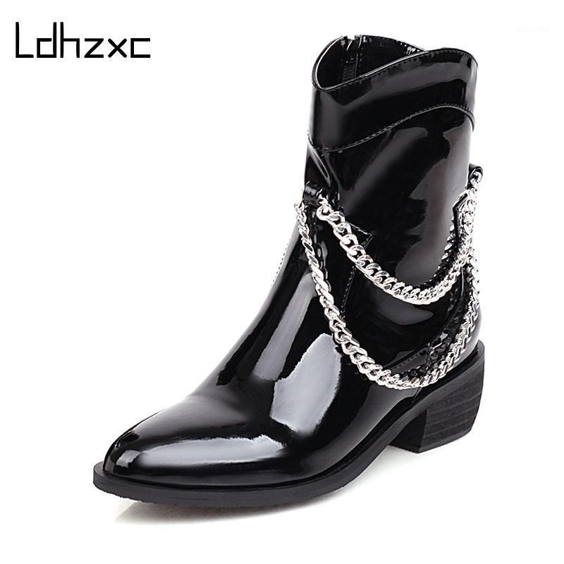 

LDHZXC 2021 fashion Patent Leather Ankle Boots For Women Metal Chain Female Short Boots Middle High Heels Shoes Solid Loose1, Black