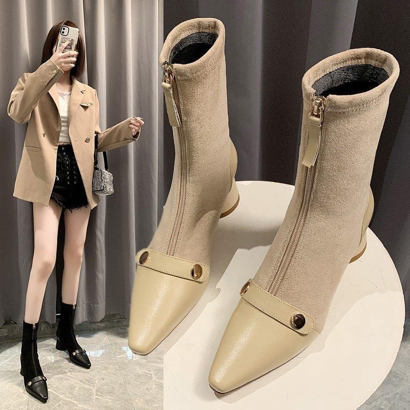 

ONE YONA 2021 winter new rivet women short boots plush low heels pointed toe zipper, Rosy red
