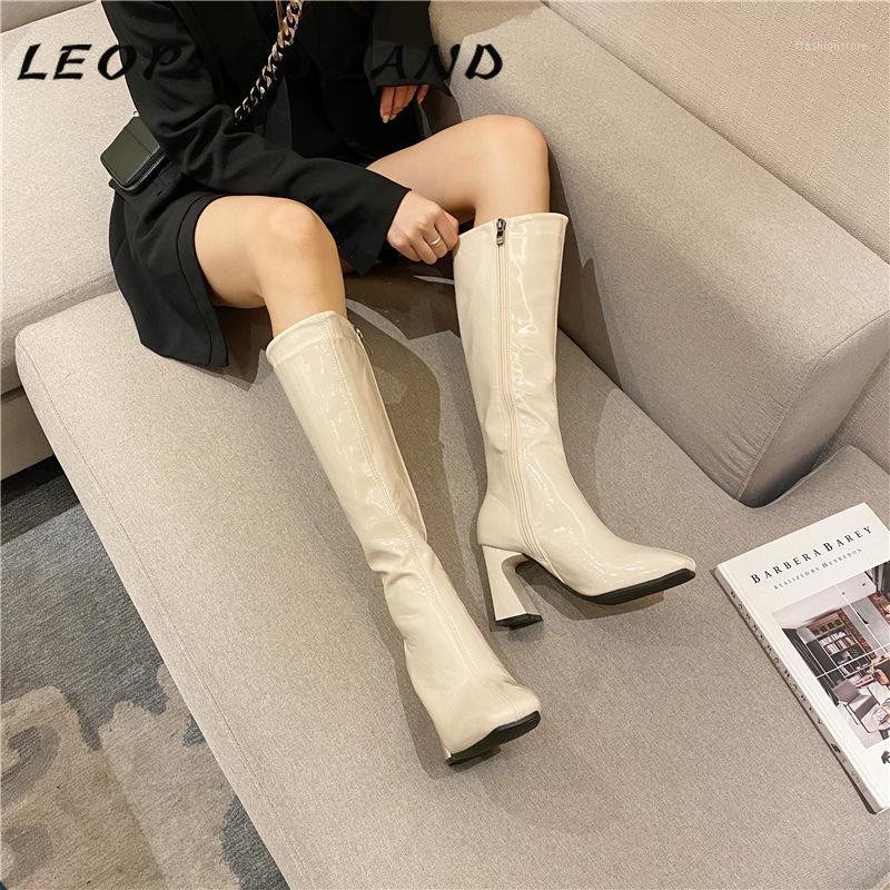 

LEOPARD LAND 2020 Patent Boots Boots Knee Chunky Heel High Heel Square Toe Long Knight Women's -260-101, Black