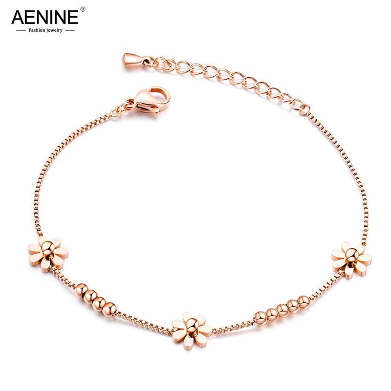 

AENINE Titanium Steel Rose Gold Plated Small Fresh Daisy Charm Bracelet Female Jewelry Trendy Chain Link Bracelets AB18196