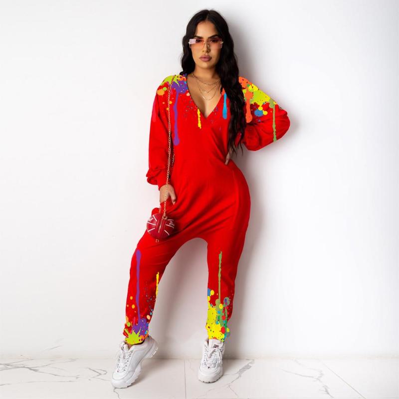 

2020 Autumn Sport Vintage Fashion Full Sleeve V-neck Jumpsuits Loose Lady Red Color Holiday Casual Long Pant Rompers Jumpsuit