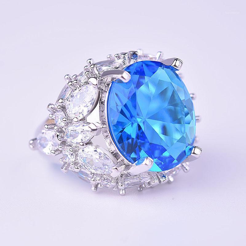 

White gold Color Oval Litght Blue Cubic Zirconia Luxury Big Rings For Women Party Engagement Rings1