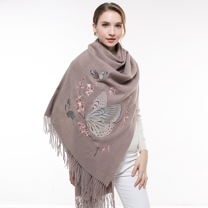 

Winter 100% embroidered butterfly sheer female lamb wool foulard femme xales and cashmere scarves wrappers QF66