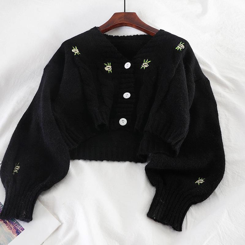 

Women Knitted Cardigans 2020 Autumn Embroidery Floral V neck Lantern Sleeve Elegant Cardigan Women Knit Tops Suete Mujer Poncho1, Purple
