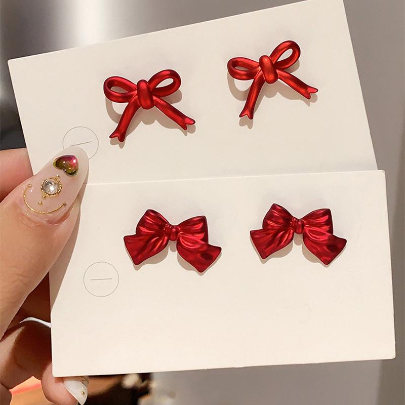 

2021 Korean New Lucky Earrings For Women Sweet Red Bow Stud Earings Fashion boucle d oreille