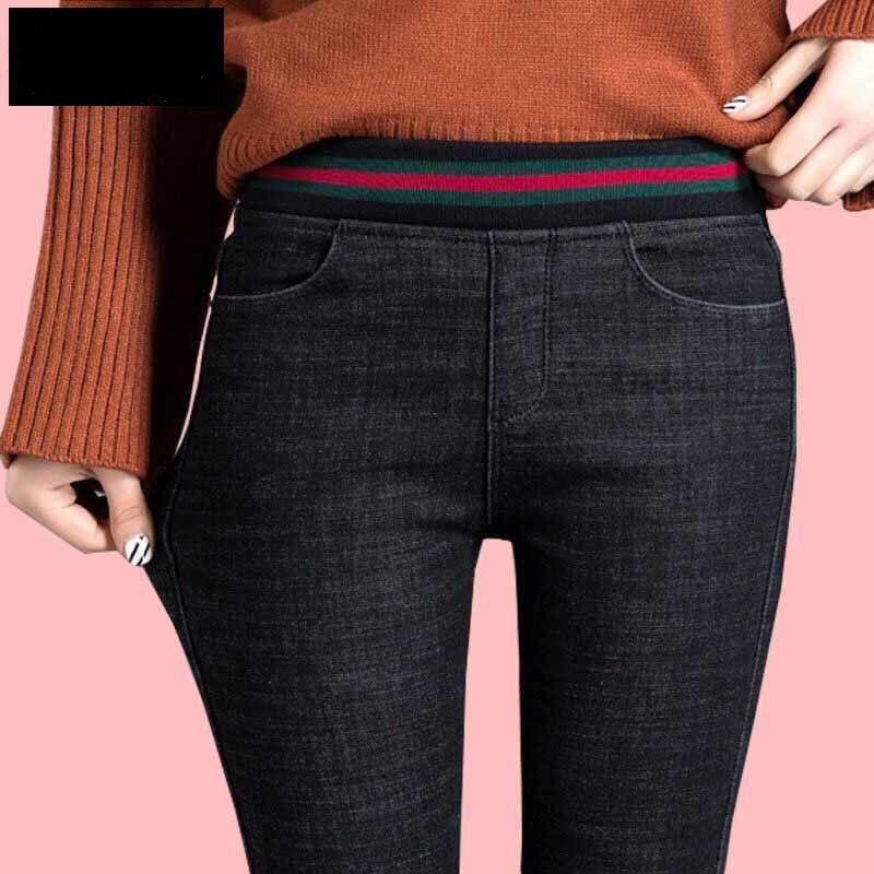 

Women' New Black Imitation Jeans Trousers Korean Version High Waist Plus Cashmere Pants Stretch Pants 2020 Autumn Winter