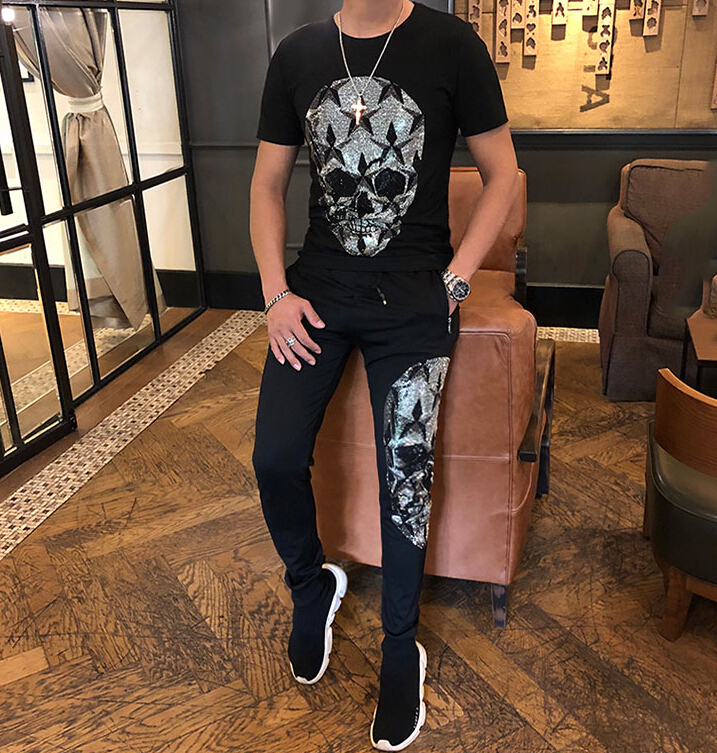 

2021 New High Quality Fashion Two Piece Top+pant Tracksuit Slim Fit Outfits Men Set 614c, Black