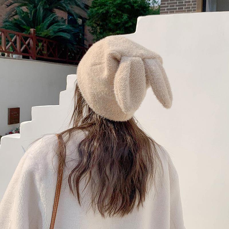 

Hat Ears Plus Fluffy Yarn Knitted Hat Women Winter Warm Ear Protection Cap, Black
