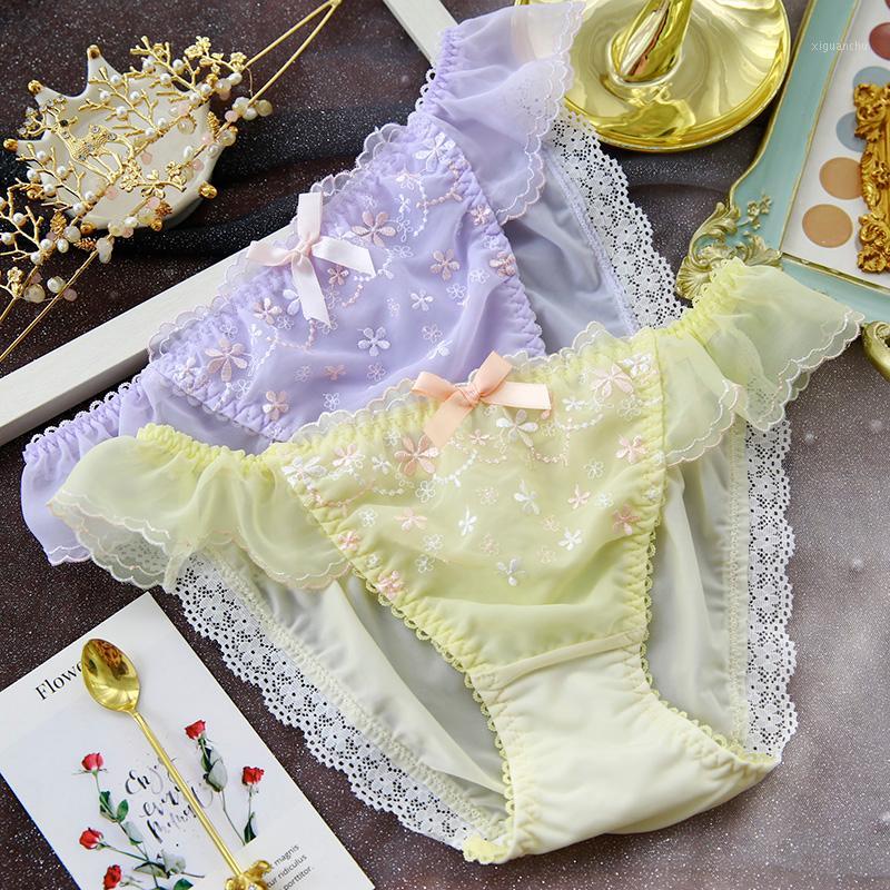 

Sexy Japanese Sweet Flower Embroidery Bow Low Waist Panties Young Girl Cute Lace Trim Milk silk Briefs Underwear Lolita Female1, Beige