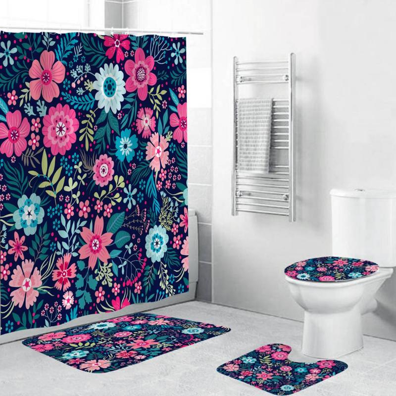 

Dafield Shower Curtain Sets with Non-slip Rug Toilet Lid Cover Bath Mat Floral Shower Curtain with Hooks Waterproof Bath