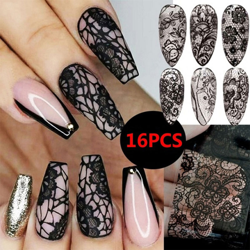 

16 Sheet Black Lace Flower Nails Sticker White Star Transfer Nail Foil Adhesive Manicure Nail Stickers Designer Art Decoration, Black 16pcs/lot