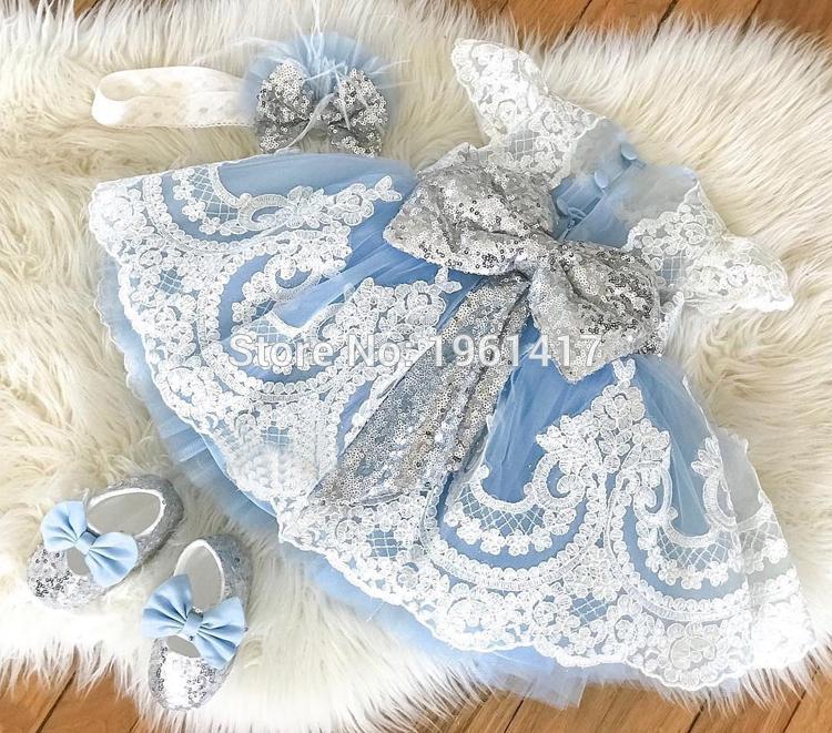 

Baby Girls First Birthday Dress Pink/Sky Blue Lace Knee Length Little Princess Christmas Dress Party Gown With Sequined Bow