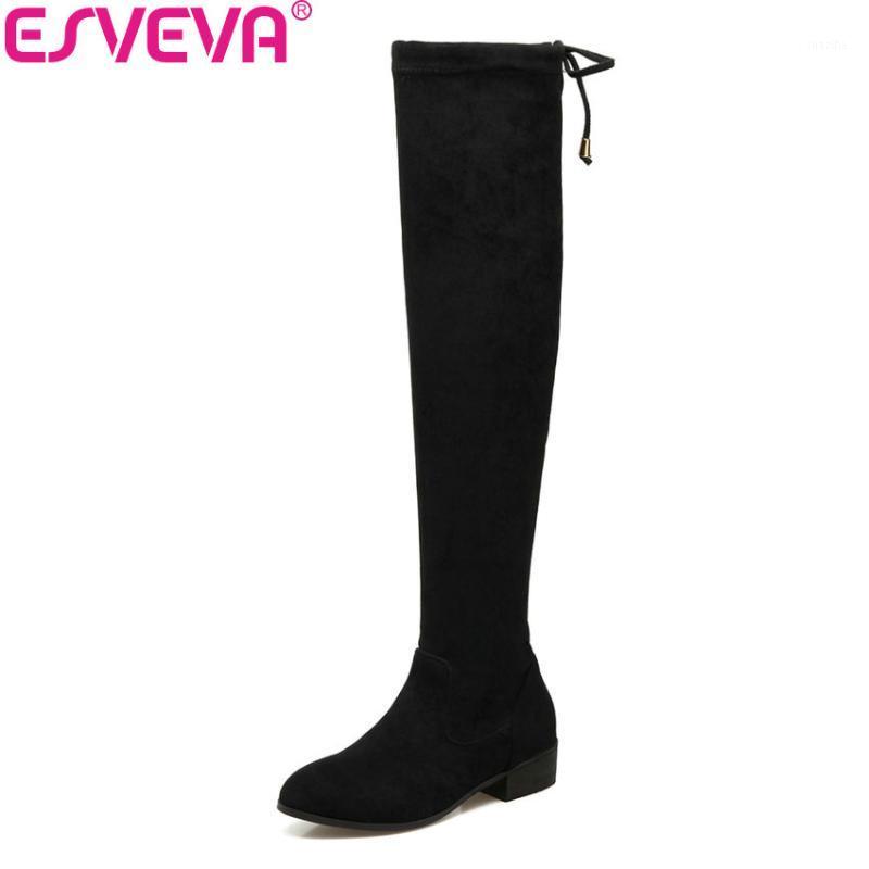 

ESVEVA 2020 Women Boots Warm Fur Slim Look Square Low Heel Over The Knee Boots Sexy Pointed Tow Ladies Long Size 34-431, Black pu