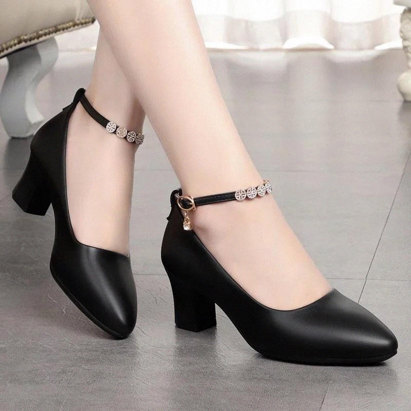 

Ol Office Lady Shoes Ankle Strap Dress Shoes Med Heeled Pumps 2020 Autumn Spring Crystal Ladies Black zapatos mujer 8388N #mC3I