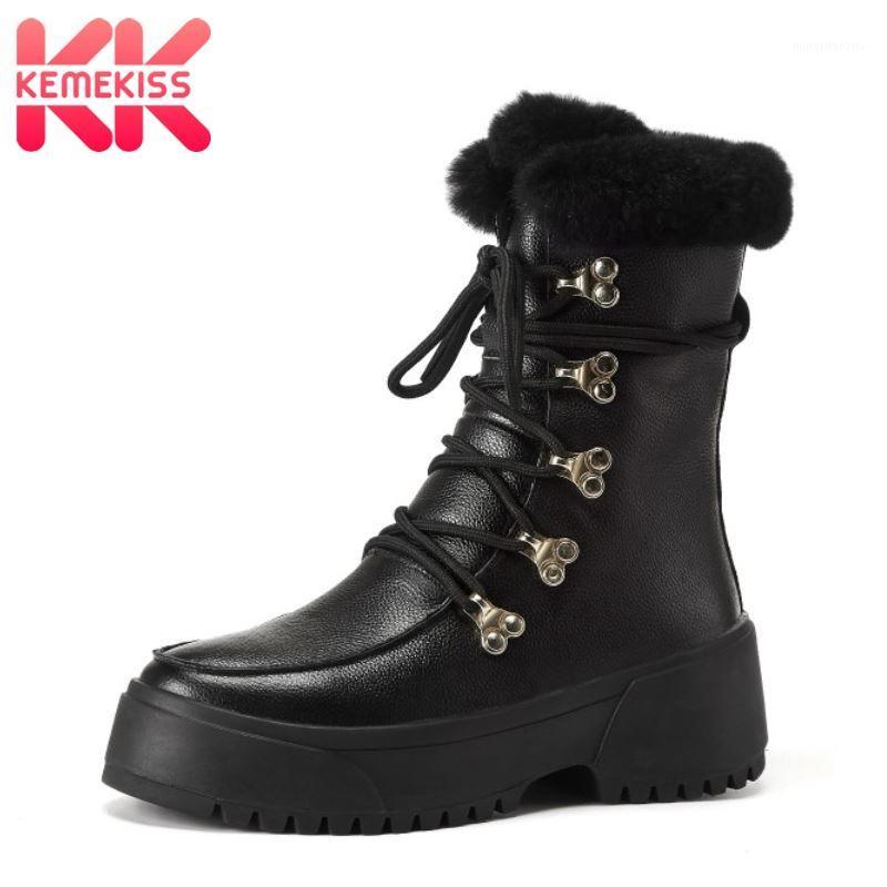 

KemeKiss Women Snow Boots Real Leather Plush Fur Warm Winter Shoes Woman High Heel Short Boots Lady Footwear Platform Size 34-391, Black