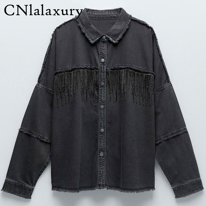 

New Vintage Tassel Diamonds Single-breasted Chic Women Jackets Harajuku Fashion Denim Jacket Loose Female Jean Coat Outwear Tops, As shown in figure