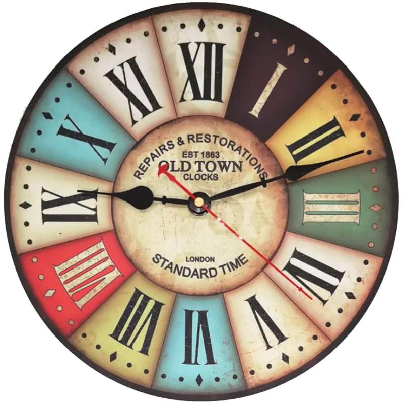 

34cm Silent Wooden Wall Clock Retro Quartz Large Vintage Rustic Shabby Colorful Non -Ticking Old Town Crown Roman Numerals