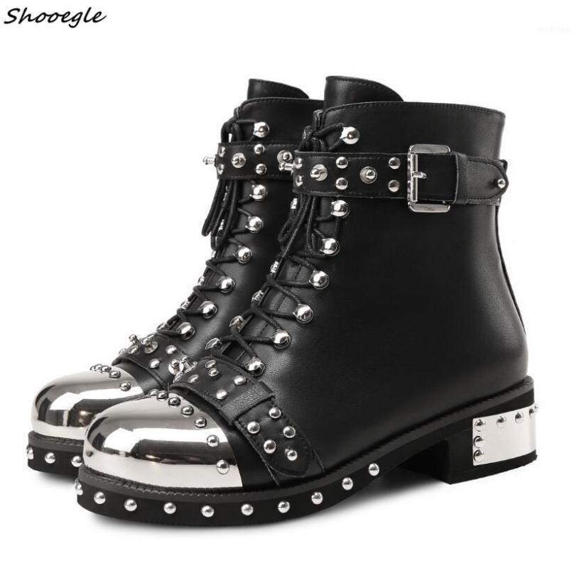 

SHOOEGLE Plus size 43 Women Punk Shoes Hobnail Studded Leather Ankle Boots Women Silver Rviets Studs Booties Lace Up Chunky Heel1, White