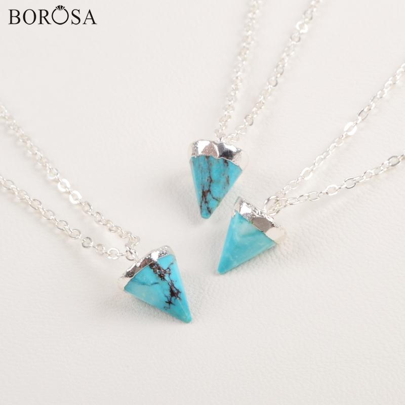 

BOROSA Natural Turquoises with Metal Chain Necklace Silver Color Cone Charm Natural Blue Stone Jewelry CL183