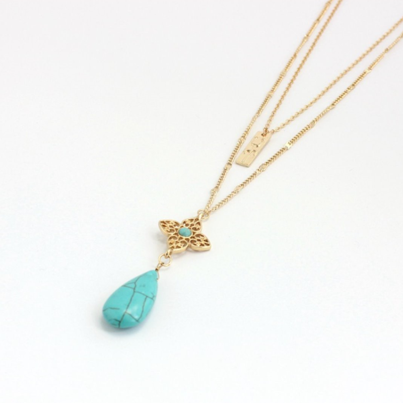 

Light Yellow Gold Color Alloy Layer Water Drop Pendant Link Chain Necklace Green Turquoises Stone Jewelry