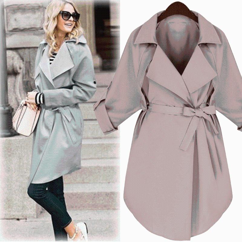 

Plus Size Casual Women Trenchs 2020 Autumn Fashion Belt Trench Winter Long Sleeve Turn-Down Female Coats England Style, Black