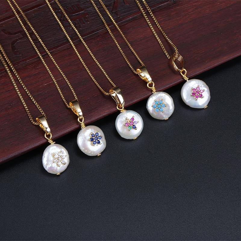 

tiny cz crystal paved snow snowflake charm natural freshwater pearl bead chic gold link chain pendant choker necklace for women