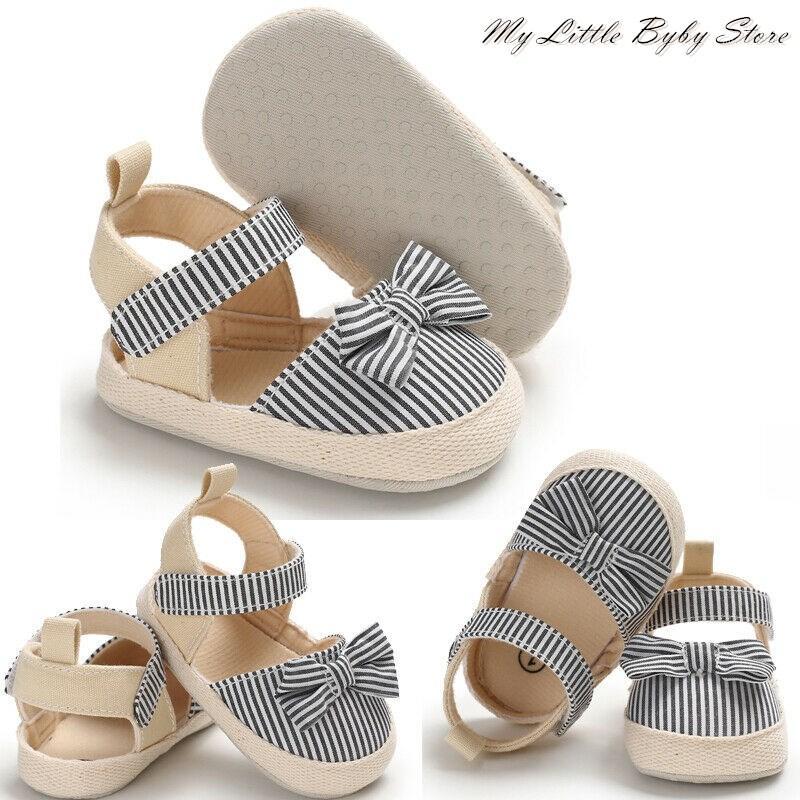 

2020 Summer Children Shoes Newborn Infant Baby Girl Boy Soft Crib Shoes Infants Anti-slip Sneaker Striped Bow Prewalker -18M1, Black