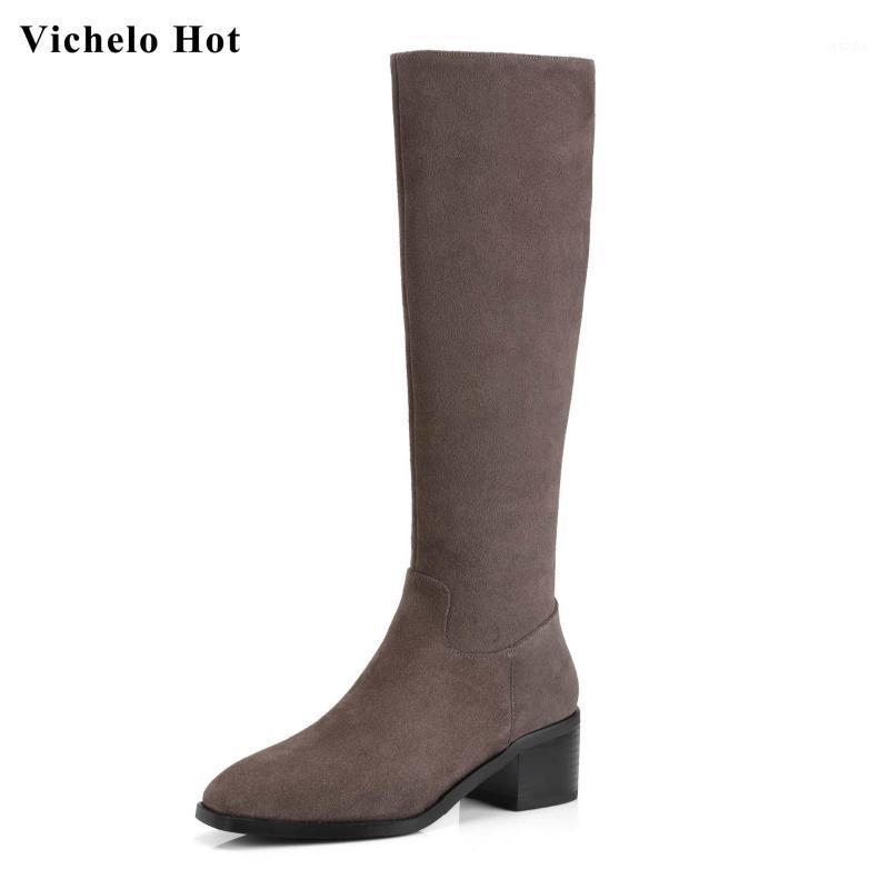 

Vichelo Hot genuine leather square toe med heels solid side zipper basic daily wear fashion winter women thigh high boots L3f11, Black