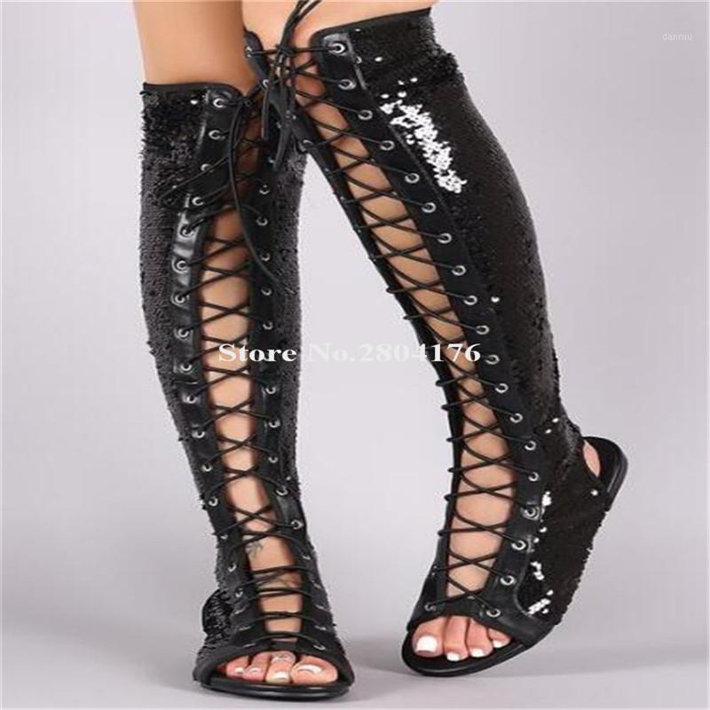 

Ladies Bling Bling Open Toe Sequined Lace-up Knee High Flat Gladiator Boots Cut-out Blue Grey Gold Long Boots1, As picture