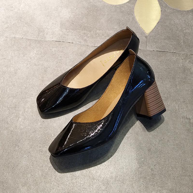 

spring square toe shallow pumps japanned leather slip on ladies loafers trendy wooden heels women shoes thick high heel footwear, Beige