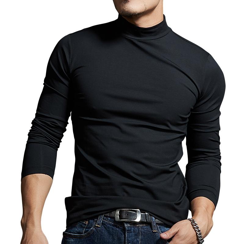 

JIAYAN Men's T-shirt Men's Clothing Casual Long Sleeve Streetwear High-Neck Basic Tops Tees For Male Autumn Bottoming Shirt, Black
