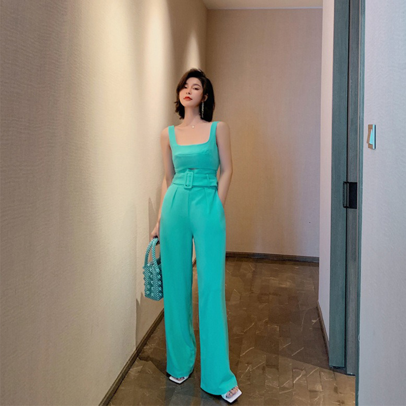 

2021 New Female fashion green office beach pocket sexy jumpsuit thin straight 2piece women's clothing 8IVE, Turquoise