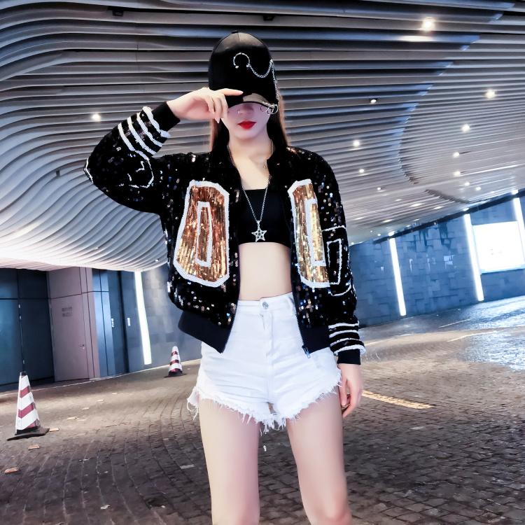 

Women's coat With sequins or glitter Shiny Fashion Women Sequin Clothes Hip Hop Club Party full Sleeve women jacket, Black