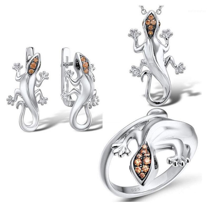

Earrings & Necklace Fashion Silver Color Clear Zircon Lizard Jewelry Sets For Women Simple Party Earring Ring Gift
