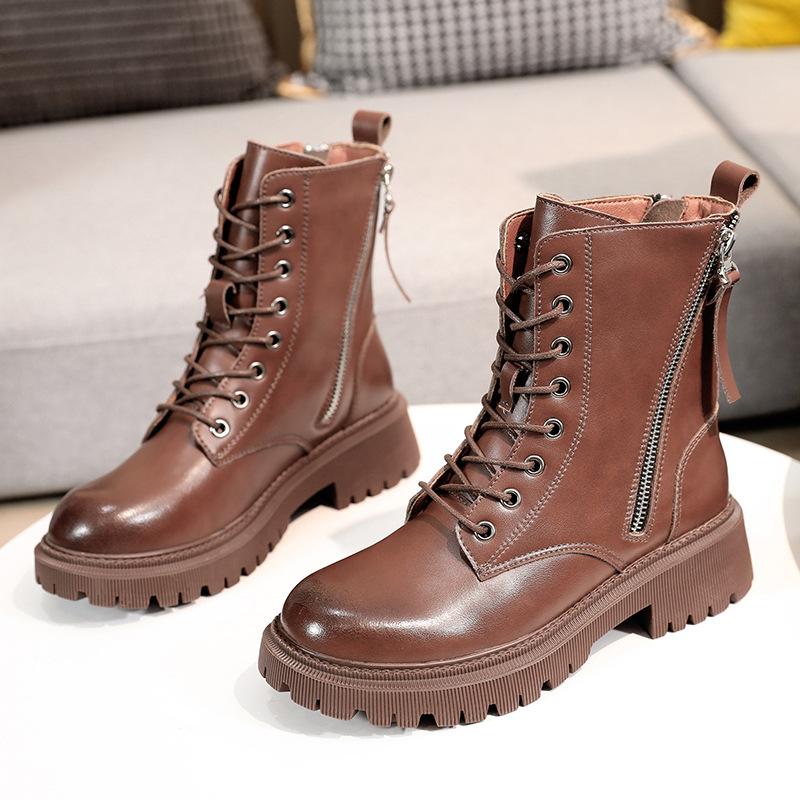 

ERRFC New Arrival Luxury Women Brown Motoryccle Boots Double Zip Casual Comfort Shoes Fashion Lace Up Flat Platform Trending, Brownnoplush