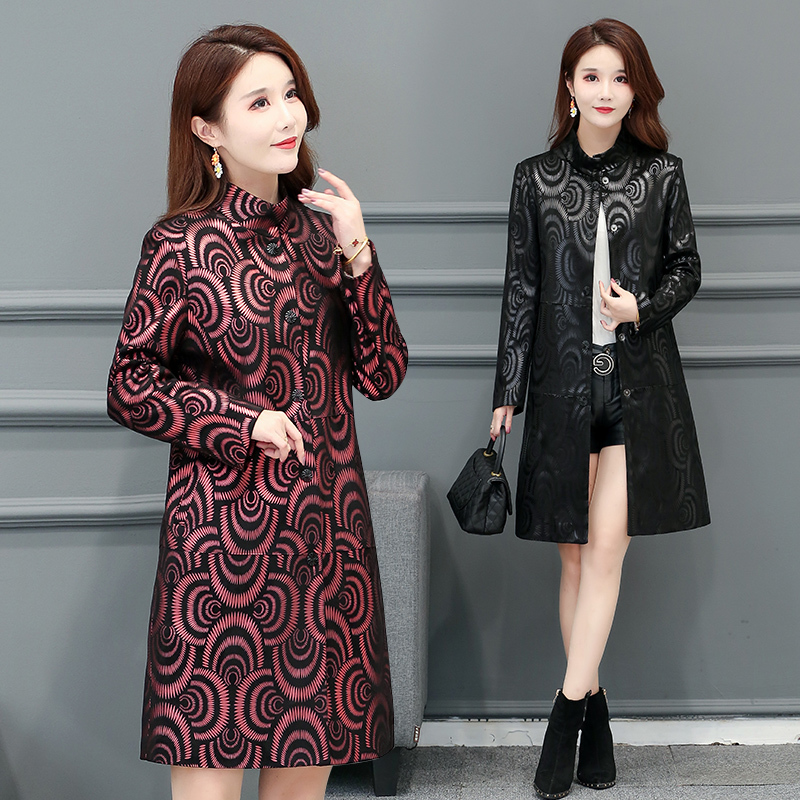 

New large 4xl print long 2020 Autumn female leather jacket outerwear, Blake