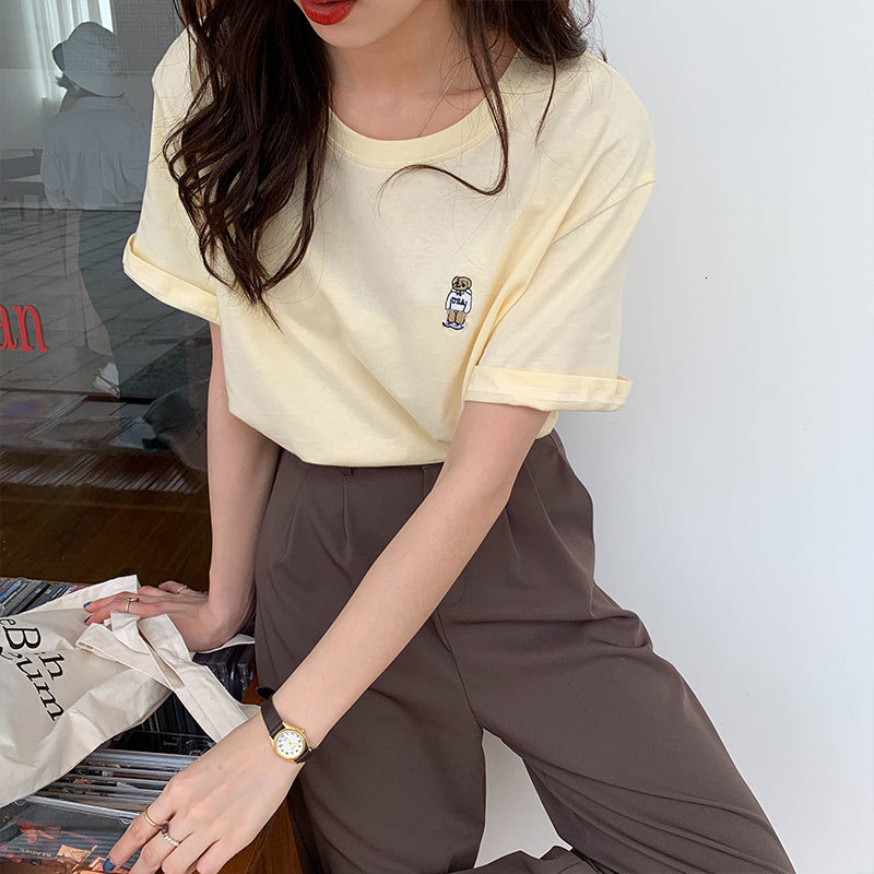 

2021 New 8 colours summer Korean tops in bear style embroidered short sleeve t-shirts of women femme shirt (x1326) 5PAW, Navy blue