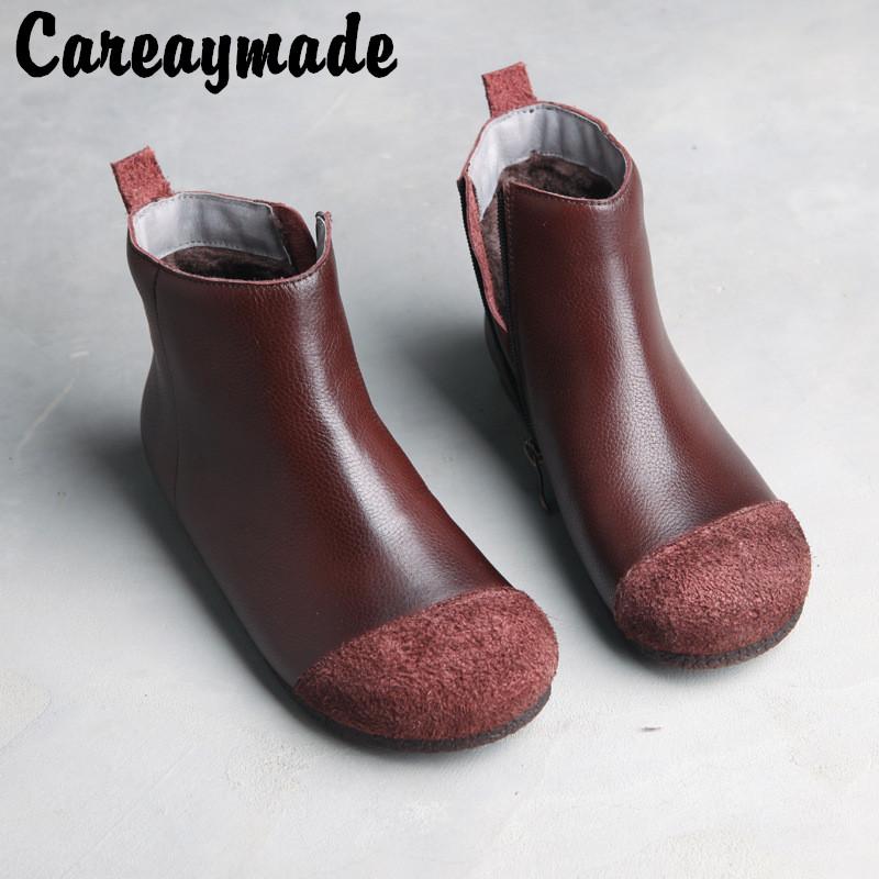 

Careaymade-Vintage Art winter mix and match old leather and cotton boots manual short boots leather, Black fur