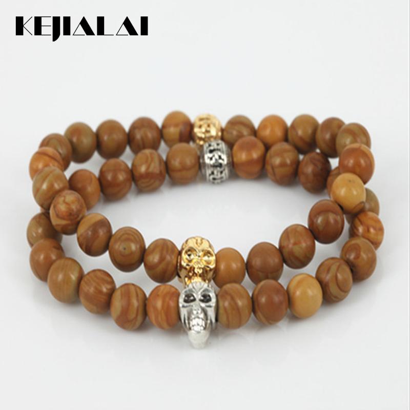 

Beaded Gold/Silver Color Men Charm Stretch Bracelet Natural 8mm Tree Grain Stone Round Gem Stone Beads Women Bracelet