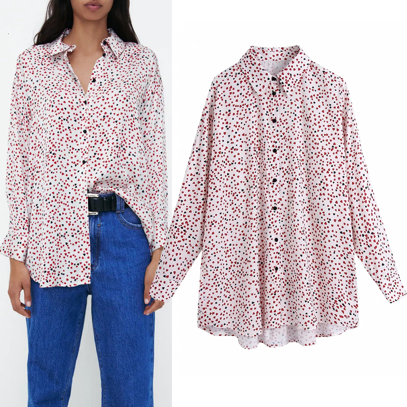 

2021 New Heart Print Oversized Shirt Women Autumn Fashion Sleeve Button Up Shirts Woman Loose Casual Ladies Long Blouse 9y8y