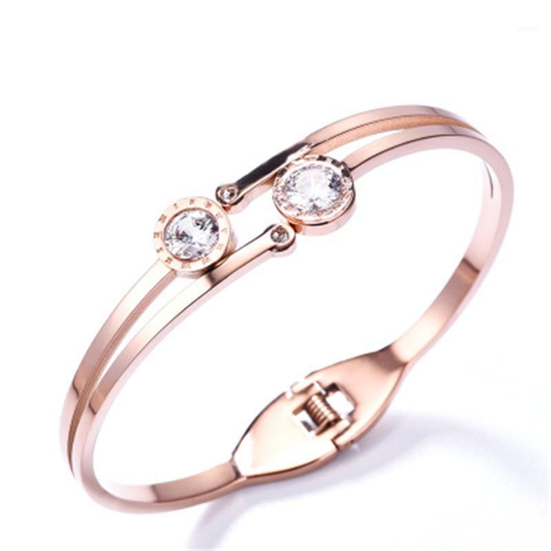 

Korea Double Delicate Stainless Steel Rose Gold Bracelet Simple Rhinestone Bangle With Female Gifts1