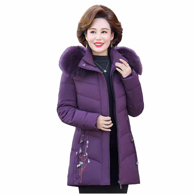 

NEW Winter Parka Middle-aged Women 2020 Wadded Padded Jacket Plus Size Mother Thicken Fur-collar Hooded Embroidery Outwear KW374, Red