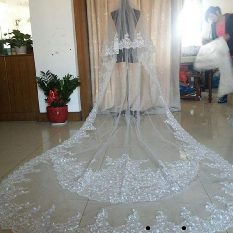 

Lace Cathedral Wedding Veils 3M Long Cathedral Length One Layer Lace Appliqued Edge Tulle Bridal Veil For Women Hair Accessories, Champagne