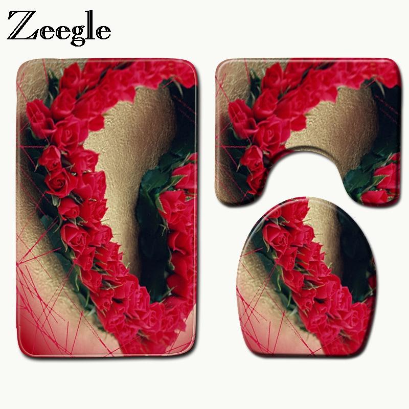 

Zeegle Valentine's Day Bathroom Carpet Rug Set Absorbent Bathroom Bath Mat Non-slip Toilet Rug Shower Foot Pad Toilet Lid Cover