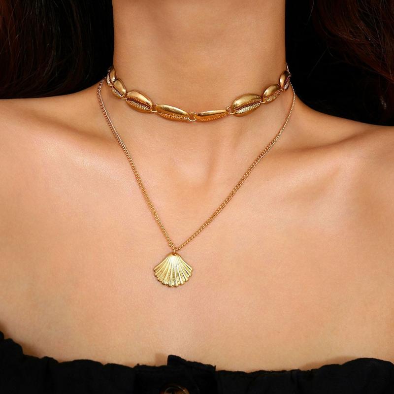 

2021 Hot New Arrival Jewelry Delicate Simple Shell Charm Pectinid Pendant Necklace 2 Layers Connector Chain Handmade Choker